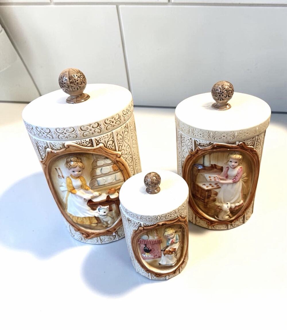 Vintage SEARS Roebuck 1978 Pioneer Women Ceramic Canister SET Of 3 3652/68